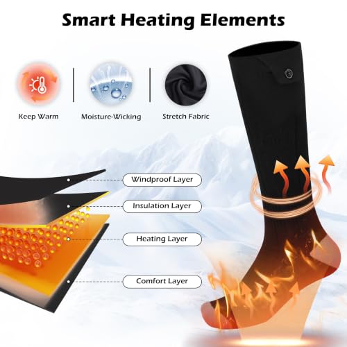 Rechargeable Heated Socks for Men Women Black - Battery Powered Thermal Foot Warmers for Cold Weather Hiking Hunting Winter Outdoor