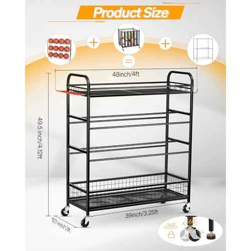 Garage Sports Equipment Organizer - Rolling Ball Storage Bin with Wheels, Garage Sports Gear Rack Outdoor Basketball Racks for Balls with Baseball Bat Holder and Hooks, Toy Organizer