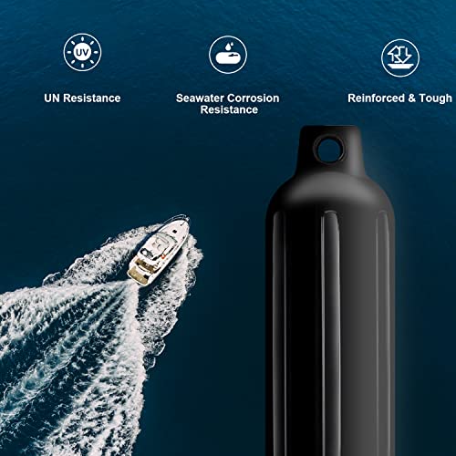 Black 4.5-Inch Boat Fenders 4 Pack with Ribs Twin Eyes Marine Bumpers with Ropes, Needles & Pump