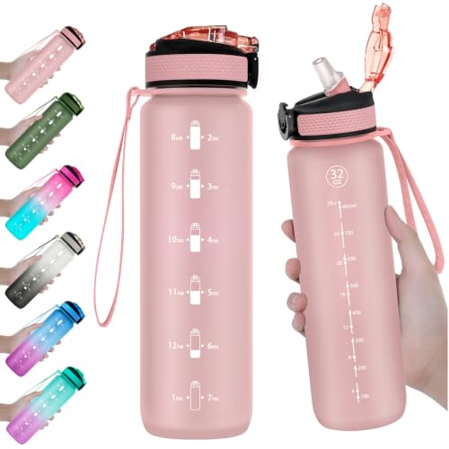 Water Bottle with Straw and Time Marker - 32oz Rose Pink - Portable Hydration