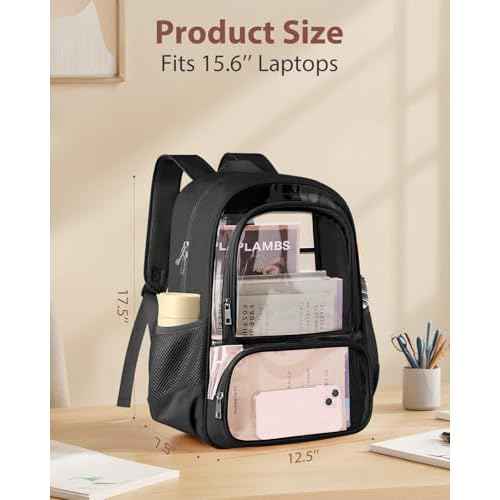 Clear Backpack, Fabric & PVC Transparent Backpack with Reinforced Strap for Women Men, Heavy Duty Transparent Bookbag, Large Capacity Clear Bag, Travel, Security, Black