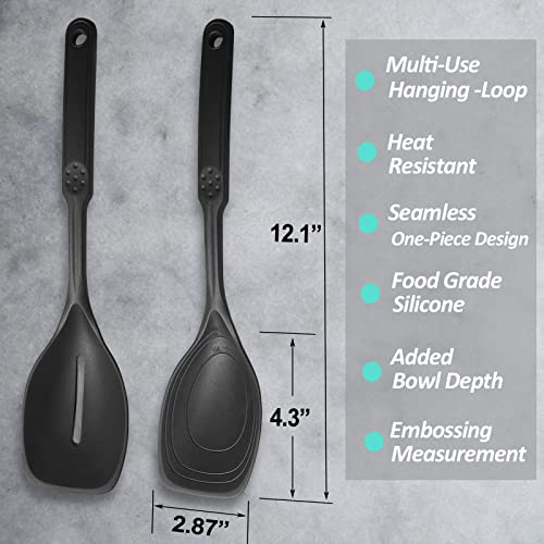 Vovoly Large Silicone Cooking Spoon Set Black - Deep Bowl & Measurement Mark, 2 PCs