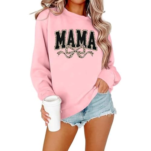 SFHFY Mama Crewneck Sweatshirt Women: Casual Mom Long Sleeve Shirt Bow Mama Letter Print Pullover Top