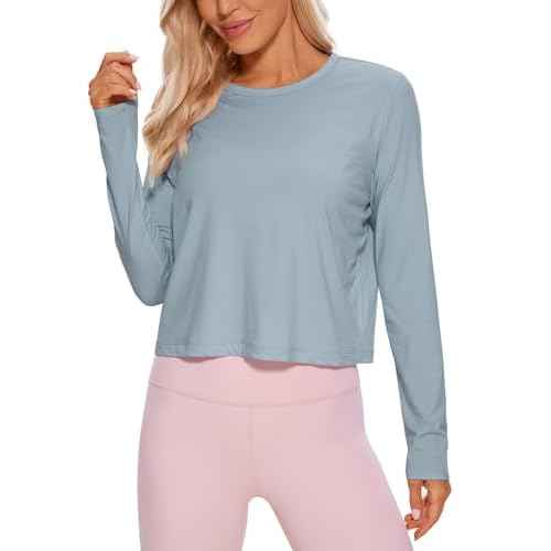CRZ YOGA Pima Cotton Long Sleeve Workout Shirts for Women Loose Cropped Tops Athletic Sports T-Shirt