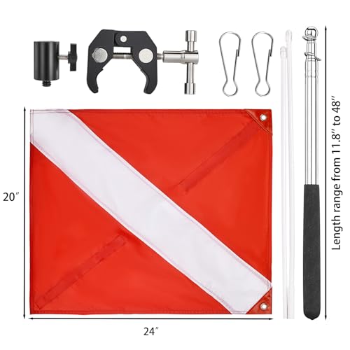 Diving Flag with Adjustable Telescopic Flag Pole - Red & White with Alligator Clip - Fits 0.6-2 Inch Round & Square Rails - Variation: Red White / Diving Flag with Alligator Clip