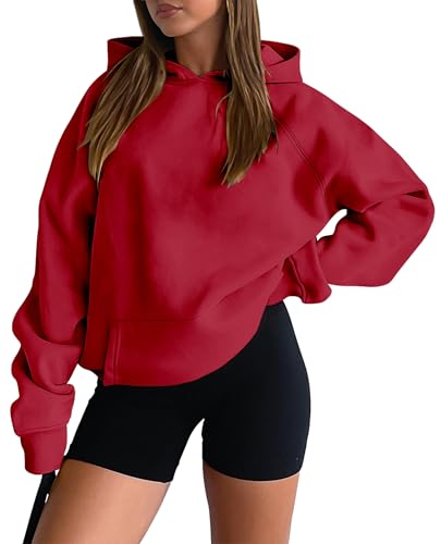 Women Pullover Hoodie Sweatshirt with Kangaroo Pocket - Red, Small