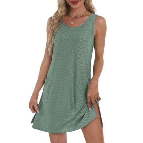 Coverup Summer Dresses for Women 2025 Eyelet Casual Loose Sleeveless Sundresses Tank Dresses with Pockets