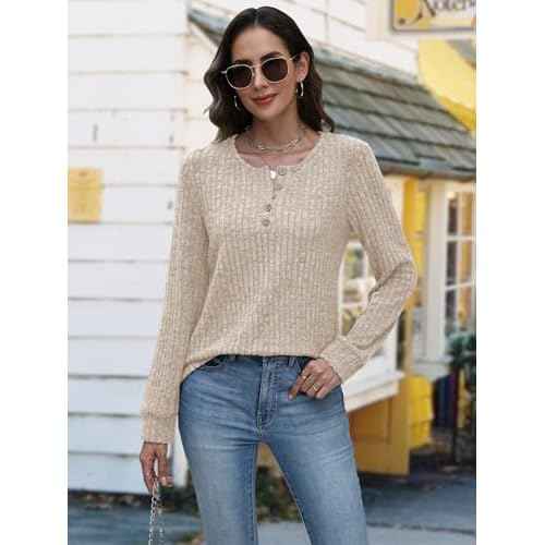 MixShe Womens Henley Sweaters 2025 Fall Winter Ribbed Knit V Neck Button Pullover Long Sleeve Tops
