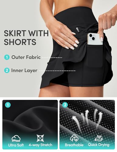 Large Black High Waist Golf Skirt with 5 Pockets for Women - Athletic Tennis Skort for Workout & Casual