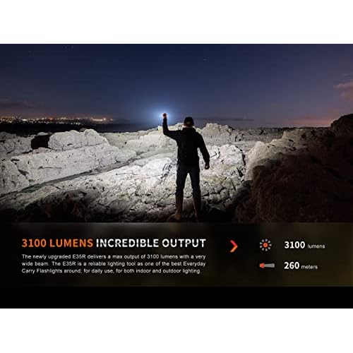 Fenix E35R EDC Flashlight, 3100 Lumens USB-C Rechargeable High Lumen Performance Flashlight with LumenTac Organizer (Black)