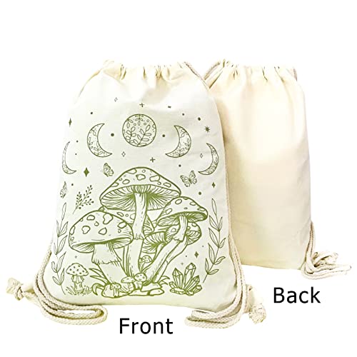Mushroom Drawstring Backpack - Vintage Moon Aesthetic Canvas Bag - Cute