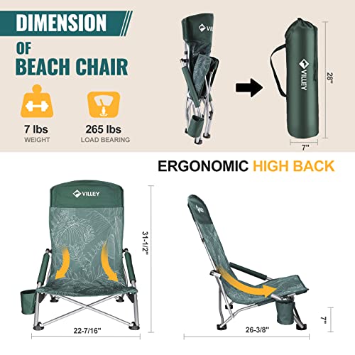 Vintage Green Leaves Folding Beach Chair for Adults - Lightweight & Portable