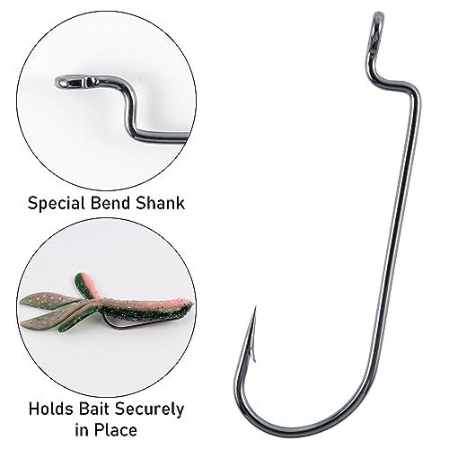 Dr.Fish 100 Pack Round Bend Worm Hooks - Freshwater Bass Fishing, EWG, Carolina & Texas Rig