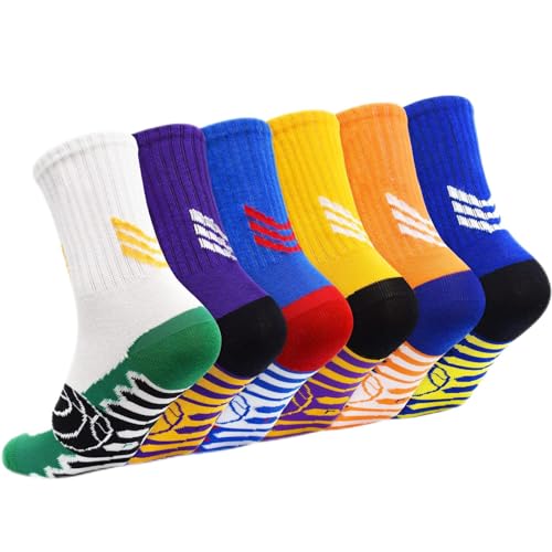 Kids Basketball Socks 6 Pairs - 7-10 Years Multicolor Athletic Sports Socks for Boys