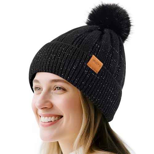 Womens Winter Beanie Hat with Faux Fur Pom Pom,Soft Warm Fleece Lined Knit Beanie for Cold Weather