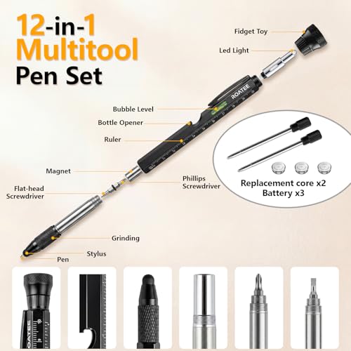 Multitool Pen for Men - 12-in-1 Construction Gadget with LED Light - Black