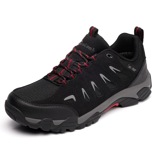 Men's Waterproof Hiking Shoes - Lightweight Low Top Trail Shoes Black Red 11