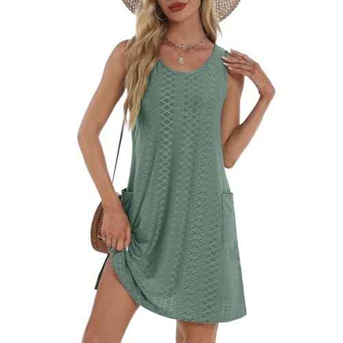 Coverup Summer Dresses for Women 2025 Eyelet Casual Loose Sleeveless Sundresses Tank Dresses with Pockets