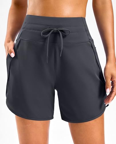 Women's 5 Inch Athletic Running Shorts with Zipper Pockets - Charcoal Large