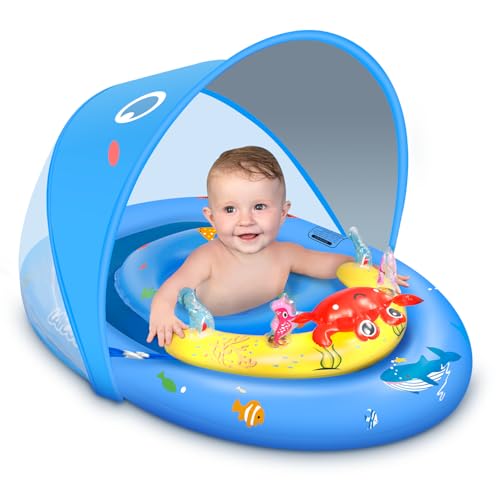 Blue Baby Pool Float with Canopy UPF50+ Adjustable Sun Protection and Safety Seat