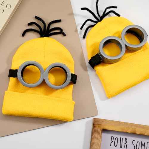 9PCS Costume Accessories Set Yellow Beanie Knit Hat Vintage Goggles Glasses Black Gloves for Cosplay, Halloween Costumes 2025