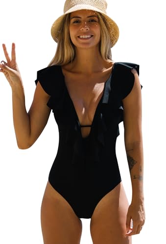 Women One-Piece Swimsuit V-Neck Ruffle Bathing Suit Padded Swimwear - Medium Solid Black