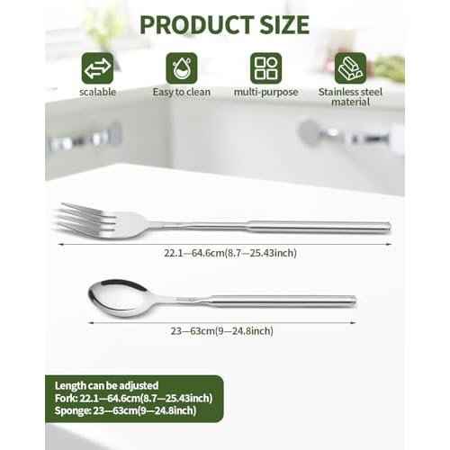 2 PCS Extendable Fork Spoon Set, Telescopic Stainless Steel Fork Spoon, Extendable 25.3 In, BBQ Dinner Fruit Dessert, Camping Flatware