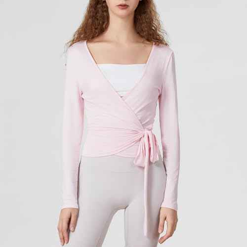 Women Wrap Top Long Sleeve Deep V Neck Cross Tie Workout Ballet Pilates Yoga Shirt