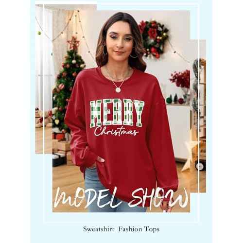 OUNAR Christmas Shirts For Women Merry Christmas Graphic Sweatshirt Christmas Crewneck Long Sleeve Xmas Holiday Pullover Tops