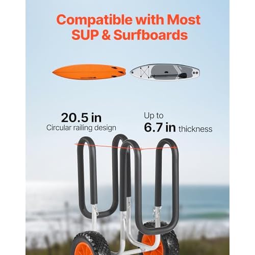 VEVOR Stand Up Board Cart, 150 lbs Surfboard Transport Cart, with 10-inch Solid Rubber Tires & Kickstands & Ratchet Strap for 2 Stand Up Paddle Boards & Surfboards