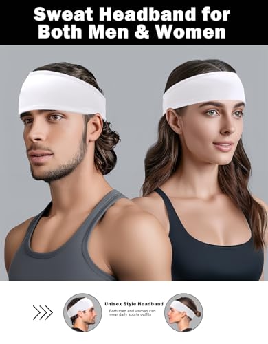 White 6 Pack Sports Headbands for Men & Women, Sweat-Wicking Workout Hairbands