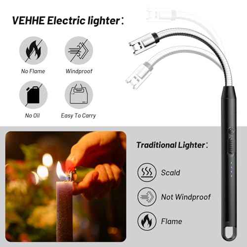 VEHHE Electric Lighter with 360¡Æ Flexible Neck, Flameless Windproof Long Candle Lighter with Led Battery Display, USB C Rechargeable with Hanging Hook for Gifts BBQ Fireworks (Black)