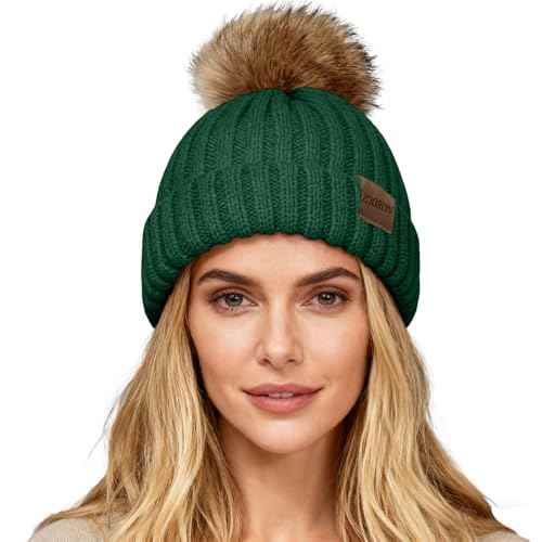 ZOORON Womens Winter Knitted Beanie Hat with Faux Fur Pom Beanie Warm Knit Skull Cap Beanie for Women