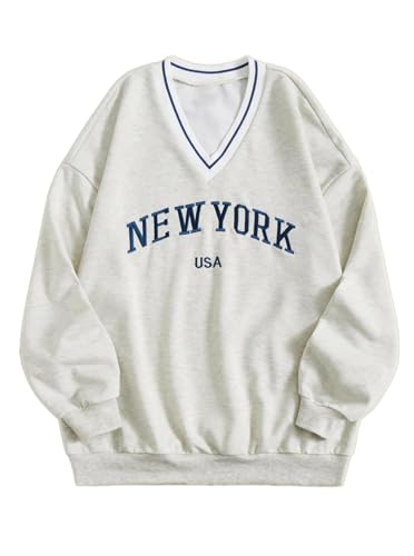 Remidoo Women's Oversized V-Neck Sweatshirt - Long Sleeve Yankee Top, Grey, Large