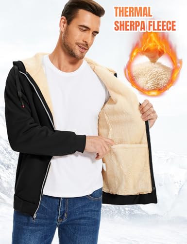 Flygo Sherpa Hoodies for Men Black Large Zip Up Winter Fleece Lined Hoodie