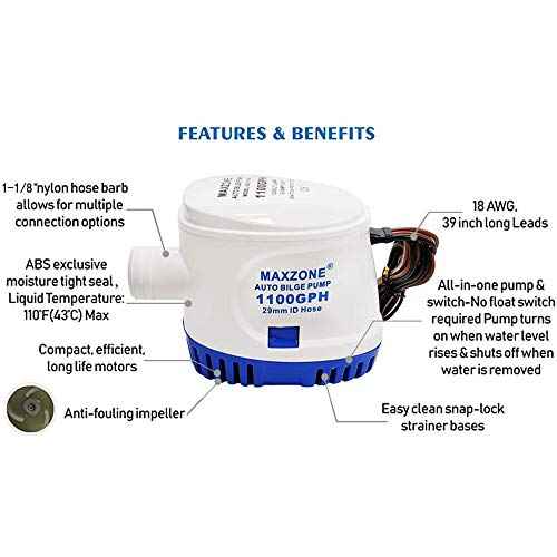 Automatic Submersible Boat Bilge Water Pump 12v 1100gph Auto with Float Switch, 1-1/8" Outlet, Compact Marine Boat Yacht