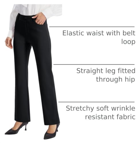 Women's Yoga Dress Pants - Stretchy Work Slacks, Straight Leg, 27" Black, Medium Height