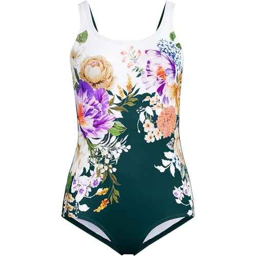 Lands' End Womens Chlorine Resistant Tugless Tank Soft Cup One Piece Swimsuit Deep Balsam Floral Placement Long Torso 4