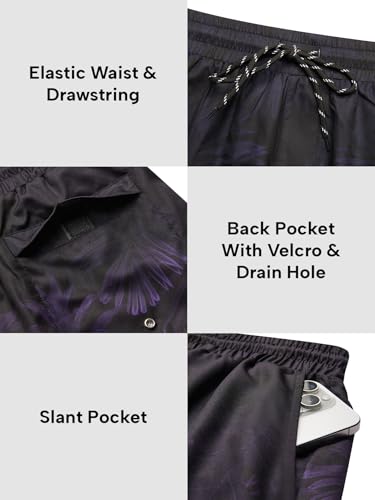 Men's Quick Dry Hawaiian Swim Trunks - Large, Dark Purple, With Pockets
