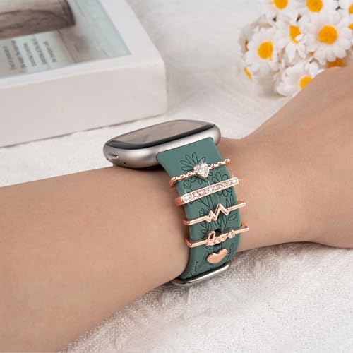 Green Sport Silicone Fitbit Versa 3/4 & Sense Charms Band with Cute Rings - Women