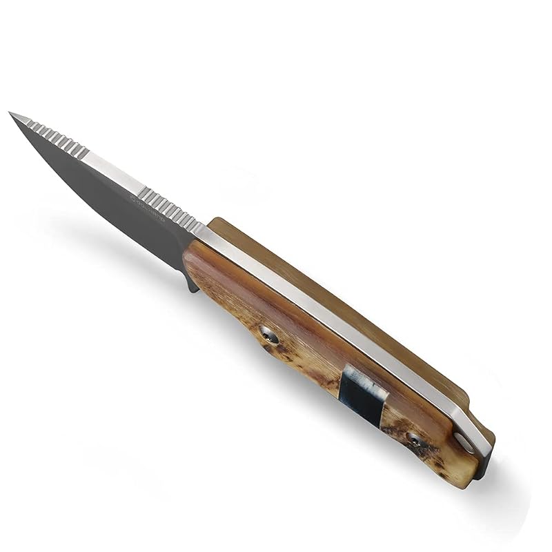 Fixed Blade Knife 5.98" with Ram Horn Handle & Leather Sheath - 440C Steel