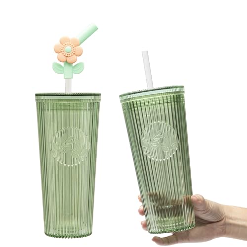 Bzyoo 26oz BPA-Free Tumbler with Straw & Lid - Green Flower Variation