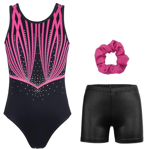 Girls Sparkly Gymnastics Leotard with Shorts 8-9 Years Rose-Red Line Set Activewear