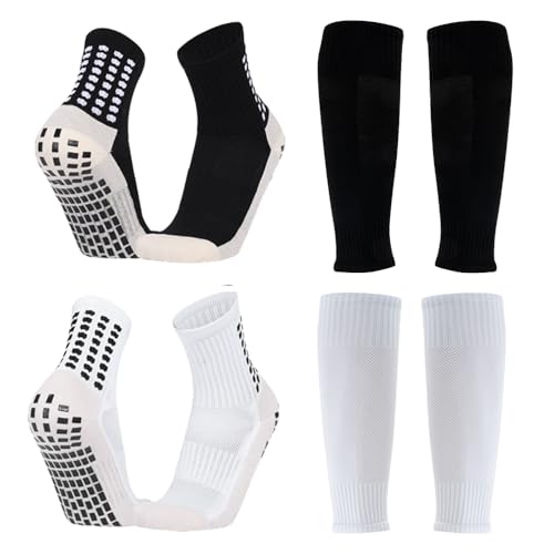 Kids Soccer Socks with Shin Guard Sleeves Set - Black and White, Anti-Slip Grip, Ages 7-14