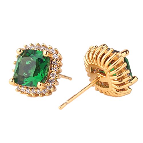 Simulated Emerald Earrings - Green Square Cubic Zirconia, 18K Gold Plated Studs for Women with Gift Box