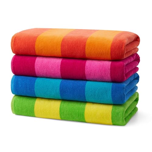 Kaufman - Soft Oversized Beach Towels in Bulk | 29" x 58" Velour Striped Towel | Absorbent, Quick-Drying | 100% Cotton Thick Towels (4 Pack)