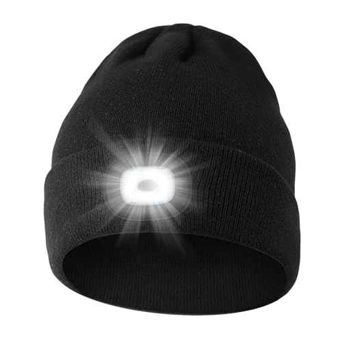 Unisex Beanie Hat with LED Light, USB Rechargeable Headlamp Caps, Windproof Warm Knit hat for Adults, 3 Brightness Modes for Fishing, Camping, Hiking Black