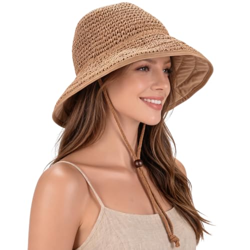 Women's Khaki Wide Brim Packable Sun Hat for Summer Beach