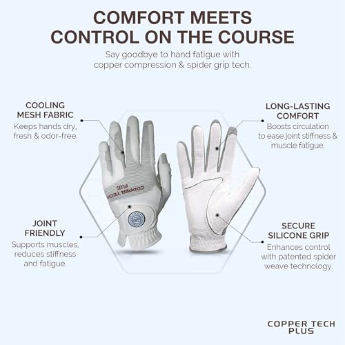 Copper Tech Plus Women’s Copper Infused Golf Glove – White/White – Pair – Compression Fit – Arthritis Relief – Non-Slip Grip – Breathable & Odour-Free – USGA Approved, One Size