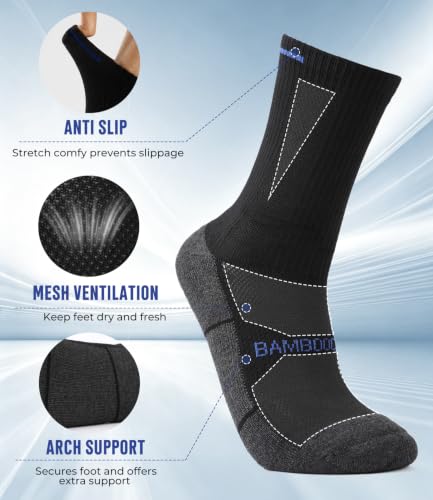 Men's Athletic Mid Crew Socks 6 Pairs - Moisture Wicking, Large / Black
